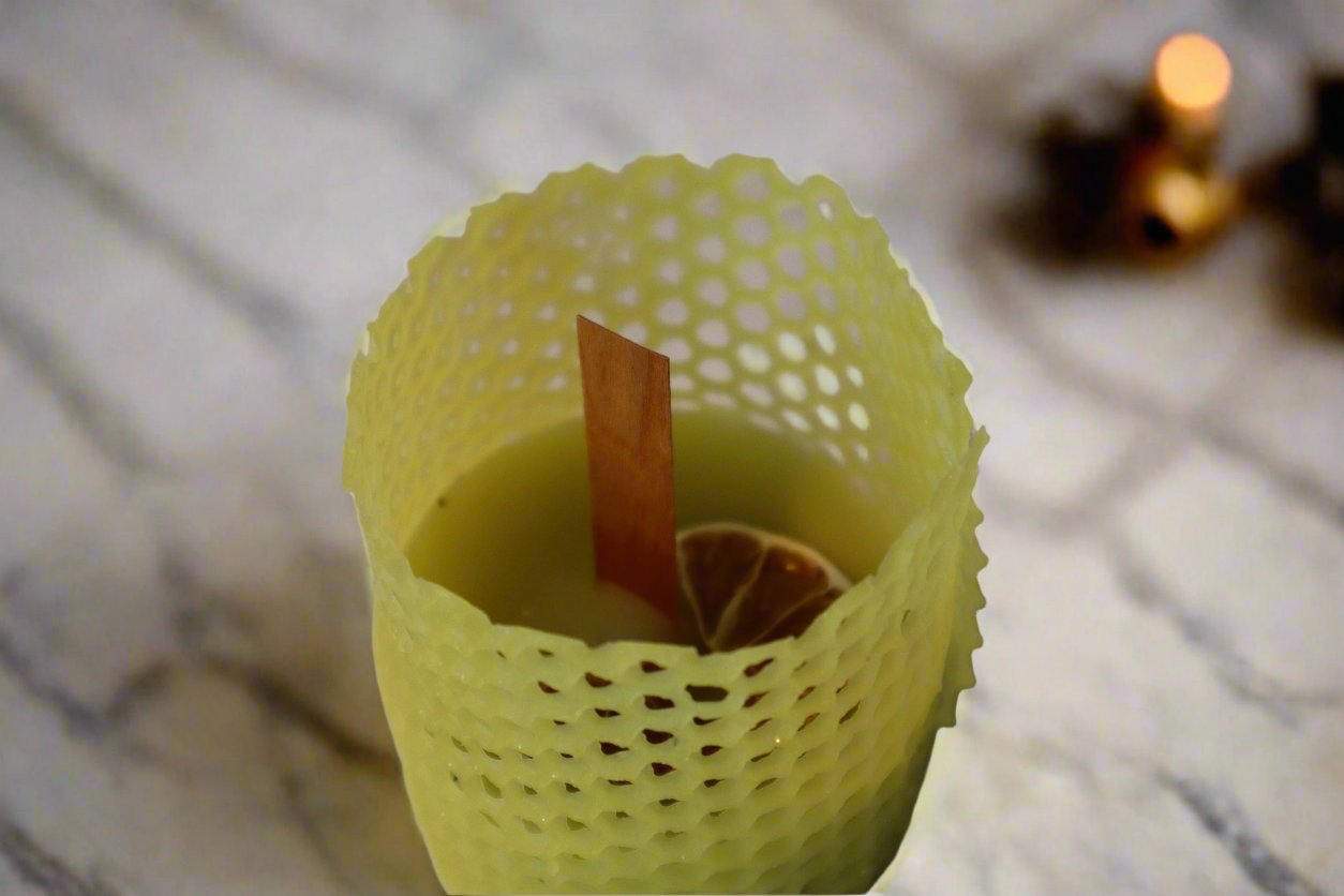 Homemade Citrus/Mint/Sage Candle with See-through Beeswax Lantern cover